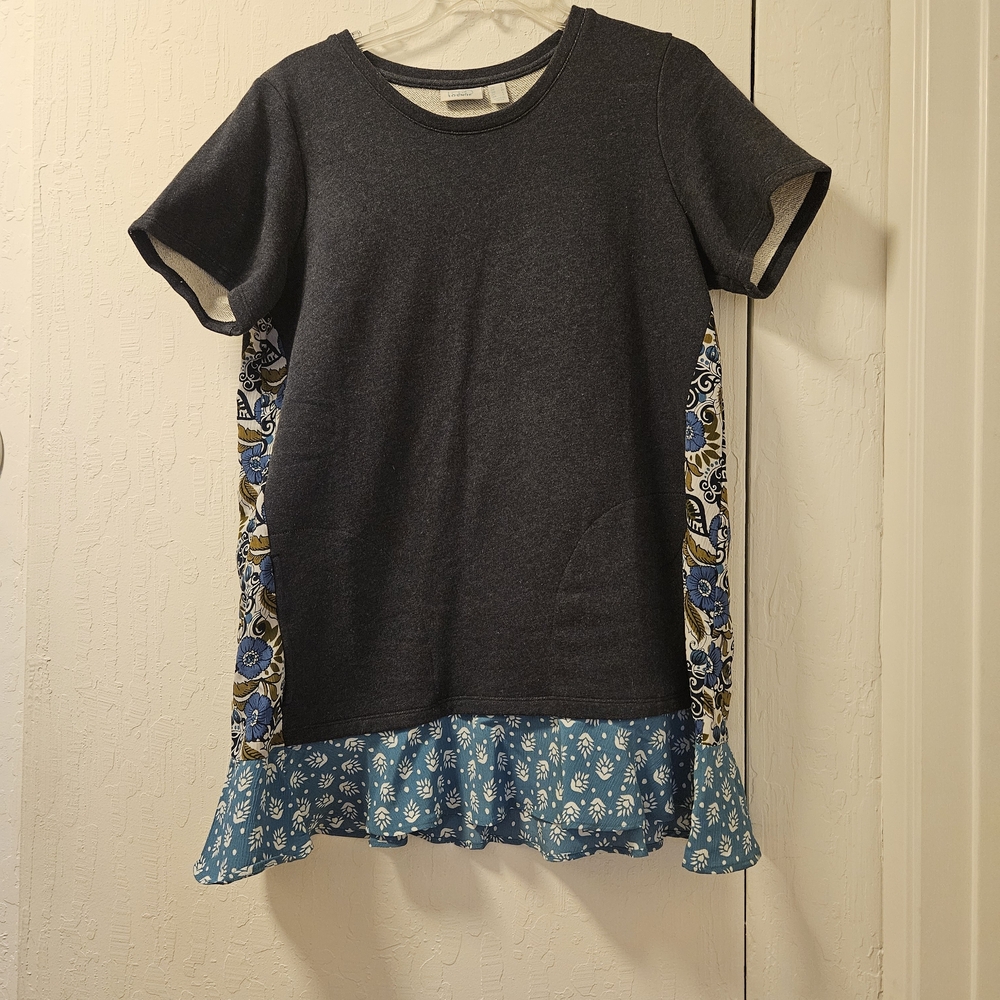 LOGO Lounge By Lori Goldstein Women's Charcoal Knit Tunic with Blue Floral Hem